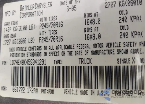2005 Dodge Dakota Slt z USA, uszkodzony, nr VIN 1D7HE48K45S341291